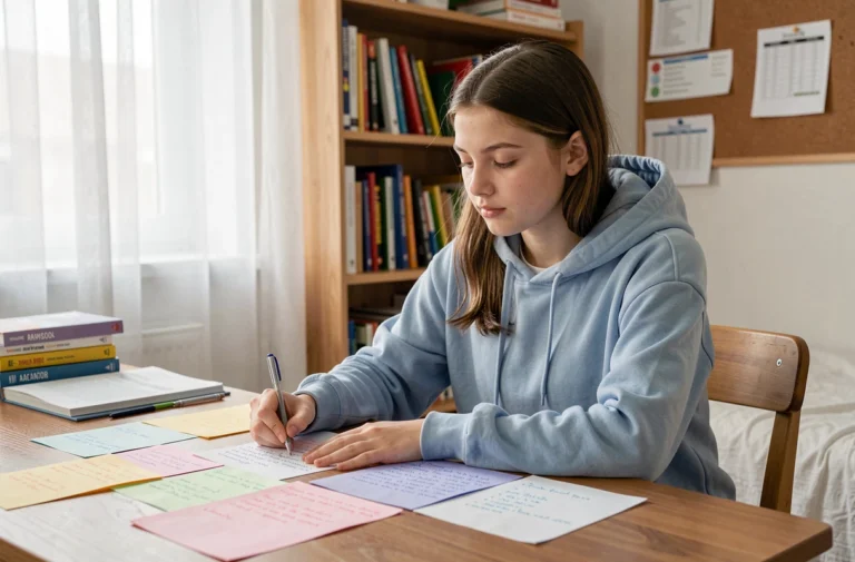 Lycéenne de seconde révisant ses notes colorées sur un bureau en bois dans une chambre bien organisée