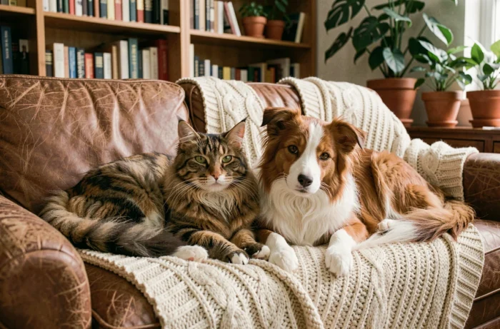 Un chat Maine Coon et un border collie allongés ensemble sur un canapé en cuir recouvert d'un plaid tricoté dans un salon chaleureux