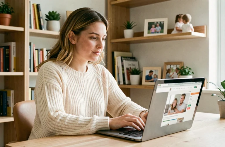 Jeune maman naviguant sur un site de parentalité depuis son bureau à domicile