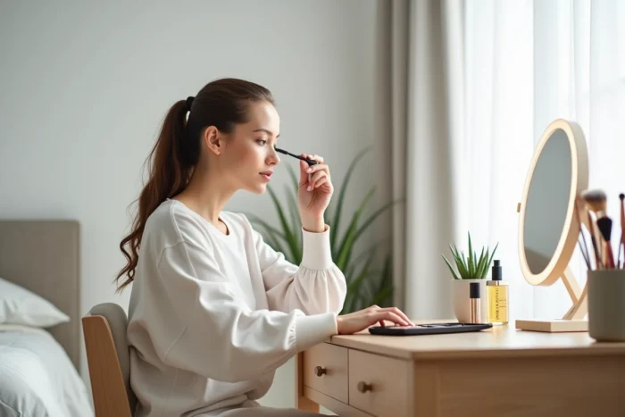Jeune femme se maquillant devant un miroir rond sur un bureau de vanité scandinave épuré avec des pinceaux et des palettes de maquillage