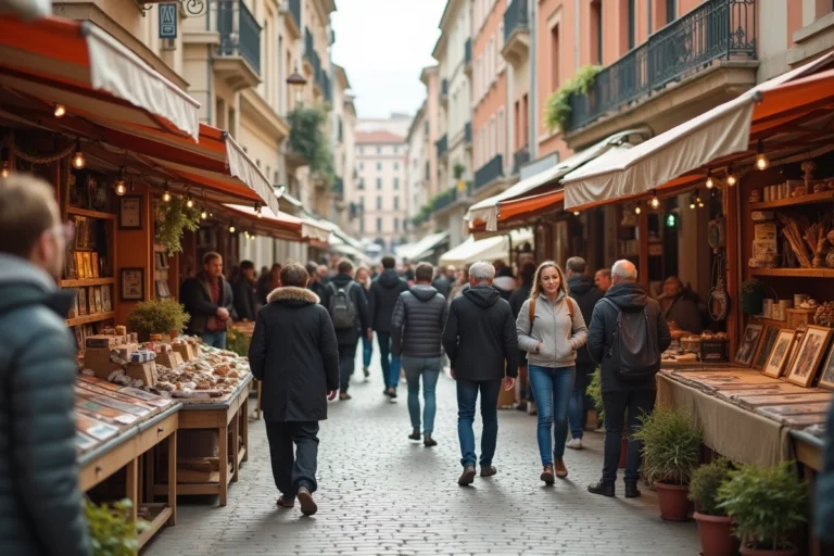 Marché culturel en plein air dans le quartier Presqu'île de Lyon avec des étals d'artisanat et une foule animée