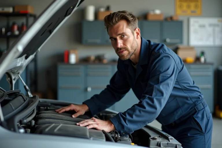 Mécanicien professionnel inspectant le moteur d'une voiture dans un garage automobile moderne et bien équipé