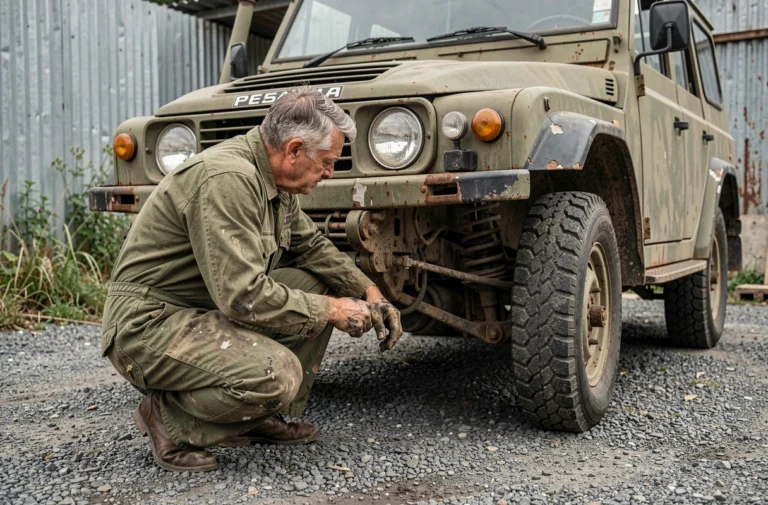 Mécanicien inspectant la suspension avant d'une Peugeot P4 réformée dans une cour de gravier