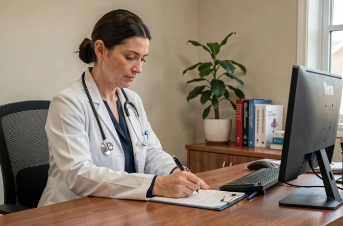 Médecin généraliste rédigeant une ordonnance de prise de sang pour un patient lors d'une consultation en cabinet