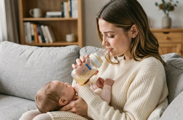 Mère allaitant son bébé avec un biberon MAM anti-colique dans un salon scandinave cosy