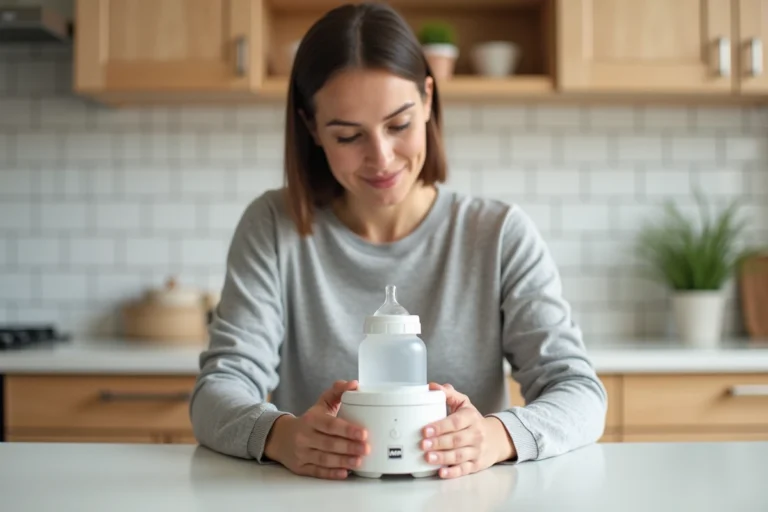 Jeune mère plaçant un biberon MAM dans un chauffe-biberon électrique sur un plan de travail de cuisine moderne