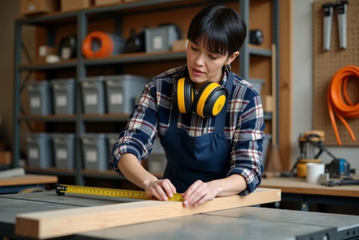 Femme bricoleur mesurant une planche de pin sur une scie radiale dans un atelier domestique bien rangé avec étagères et outils muraux
