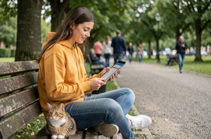 Jeune femme parcourant le plan du site Animal Libération sur une tablette dans un parc avec un chat