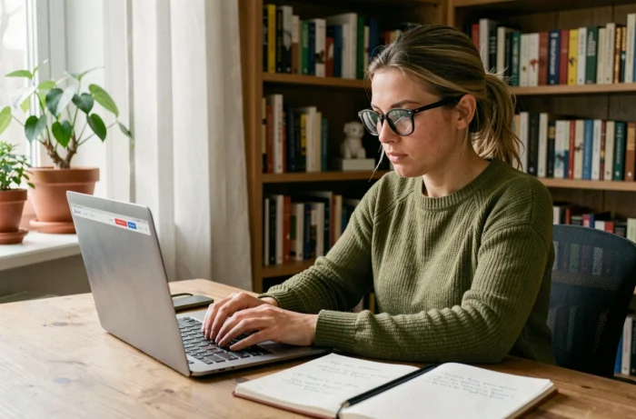 Femme naviguant sur un site web dédié à la protection animale depuis son bureau à domicile