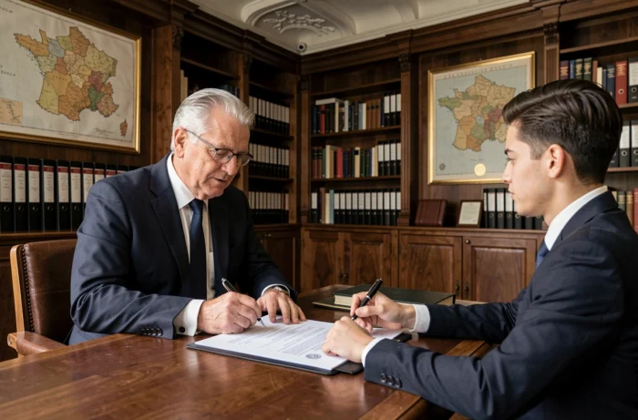 Notaire et client signant un acte de cession immobilière pour une maison gratuite en France