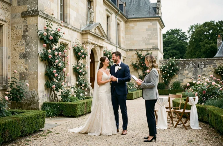 Couple de mariés et wedding planner devant un château en pierre entouré de jardins fleuris lors de l'organisation de leur mariage