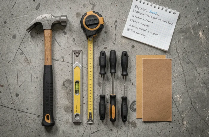 Vue aérienne d'une sélection d'outils de bricolage pour débutants posés sur une surface en béton avec une liste manuscrite