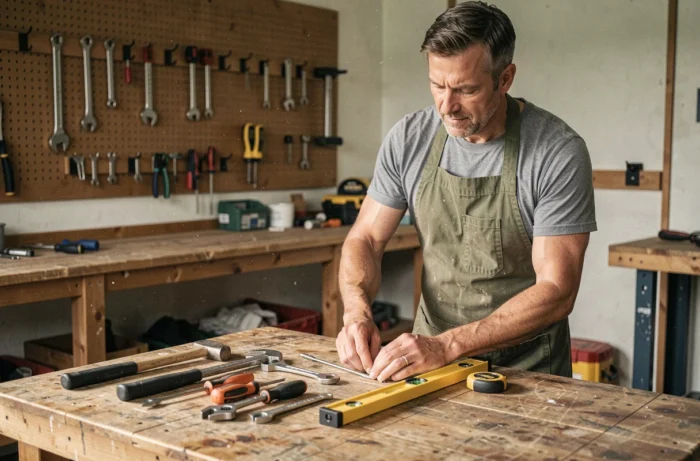 Homme bricoleur arrangeant des outils essentiels sur un établi en bois dans un garage domestique