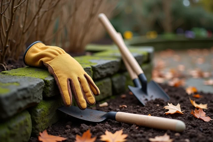 Gants de jardinage et outils de saison posés sur le bord d'une bordure en pierre dans un jardin en automne