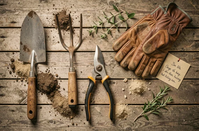 Vue à plat d'une sélection d'outils de jardinage essentiels sur bois brut avec gants en cuir