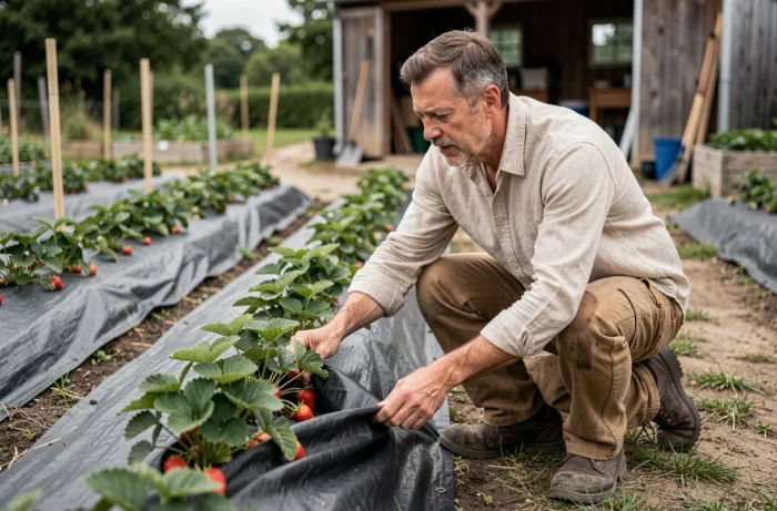Jardinier posant un film de paillage noir autour de rangs de fraisiers dans un jardin potager partagé