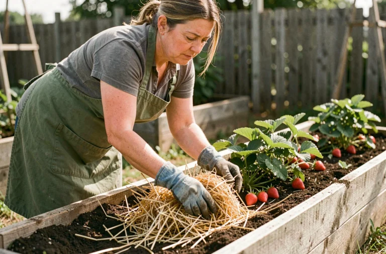 Femme qui étale du paillis de paille autour de plants de fraisiers dans un potager en carré surélevé