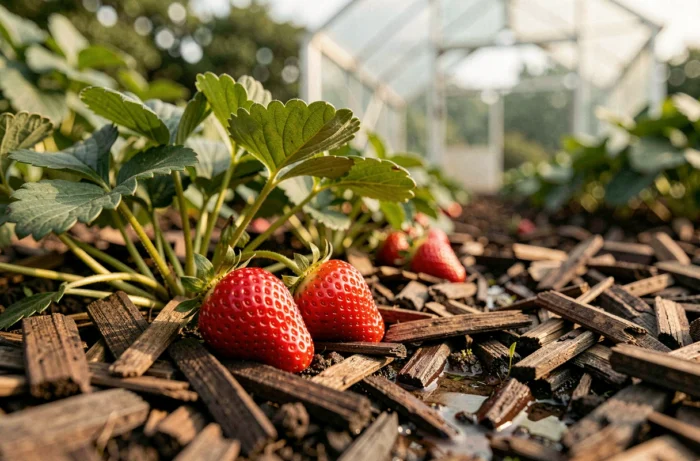 Gros plan sur des fraisiers paillés avec des copeaux de bois dans un potager, avec des fraises mûres visibles