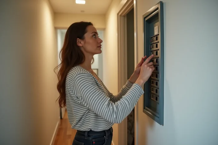 Femme vérifiant le tableau électrique lors d'une panne de courant imprévue à domicile