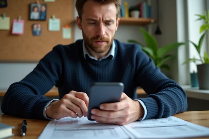 Père comparant les devis de micro-crèche sur papier avec une calculatrice dans un bureau à domicile