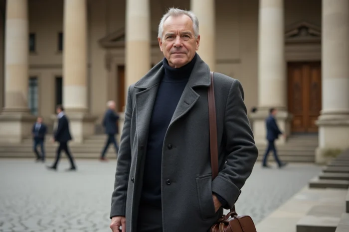 Homme influent en manteau sombre debout devant un bâtiment institutionnel néoclassique parisien symbolisant les réseaux de pouvoir et d'influence en France