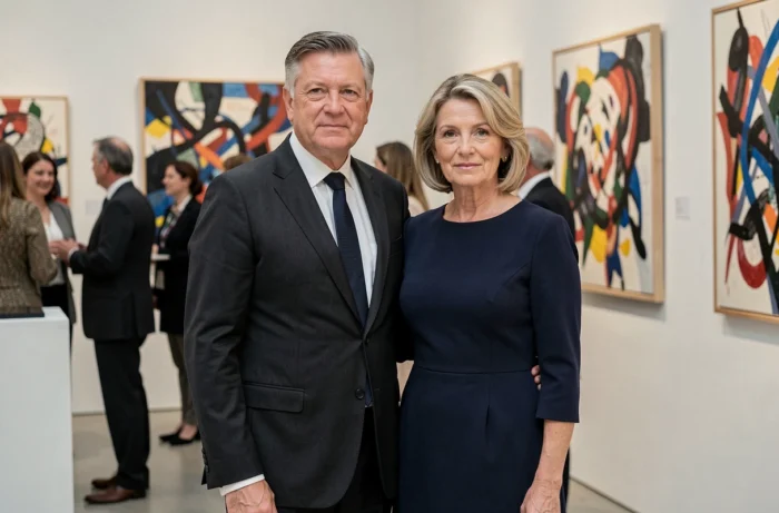 Couple distingué lors d'un vernissage artistique, illustrant la présence publique d'un artiste et de son épouse à ses côtés