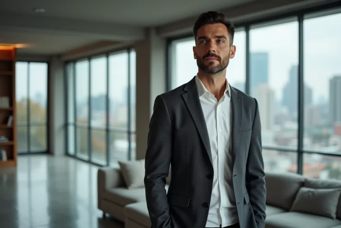 Portrait éditorial d'un homme élégant dans un appartement moderne avec vue urbaine