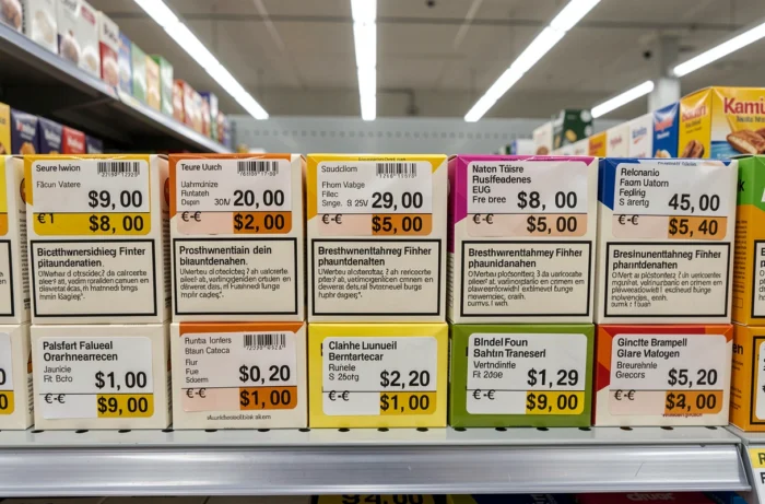 Étiquettes de prix de cigarettes Marlboro et marques concurrentes sur un rayon de supermarché allemand avec prix en euros