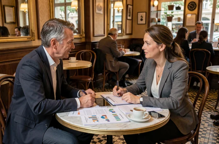 Deux professionnels français discutant de stratégie financière autour de documents dans une brasserie lyonnaise traditionnelle