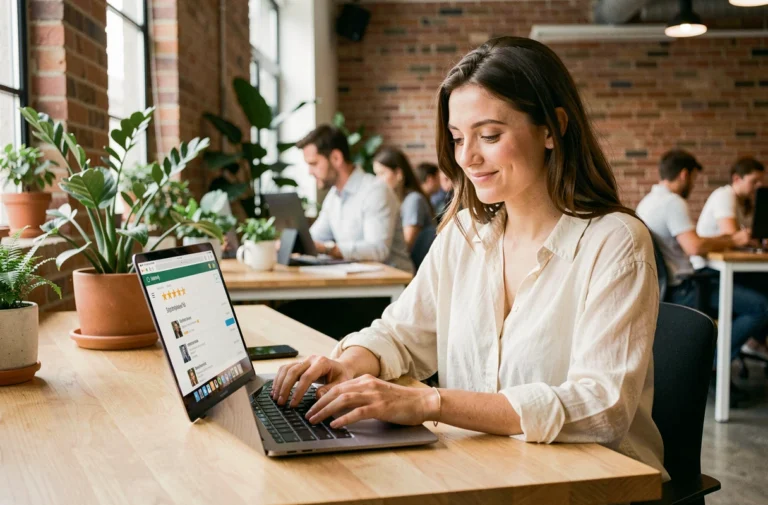 Une professionnelle rédigeant un avis positif en ligne sur un ordinateur portable dans un espace de coworking moderne