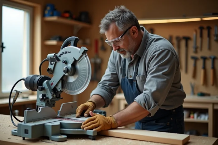 Artisan en atelier réglant l'angle de lame d'une scie radiale sur un établi en bois, portant lunettes de sécurité et gants de travail