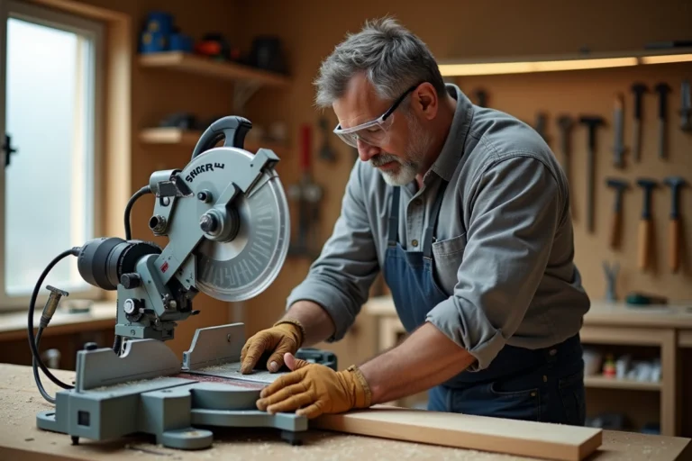 Artisan en atelier réglant l'angle de lame d'une scie radiale sur un établi en bois, portant lunettes de sécurité et gants de travail