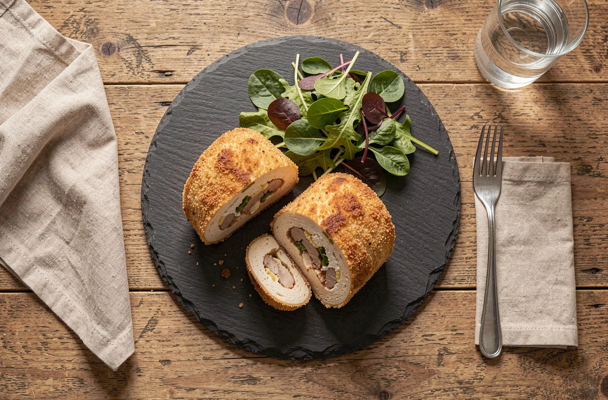 Repas complet avec cordon bleu cuit au micro-ondes servi sur ardoise avec salade verte sur table en bois