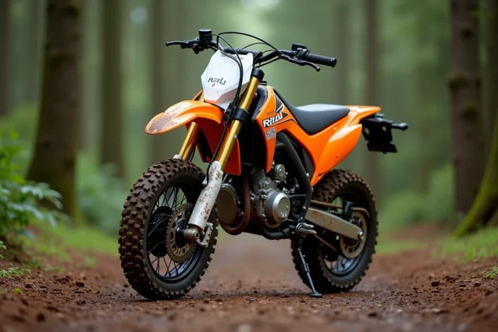 Rieju MRT Enduro Trophy 50cc sur sentier forestier avec traces de boue