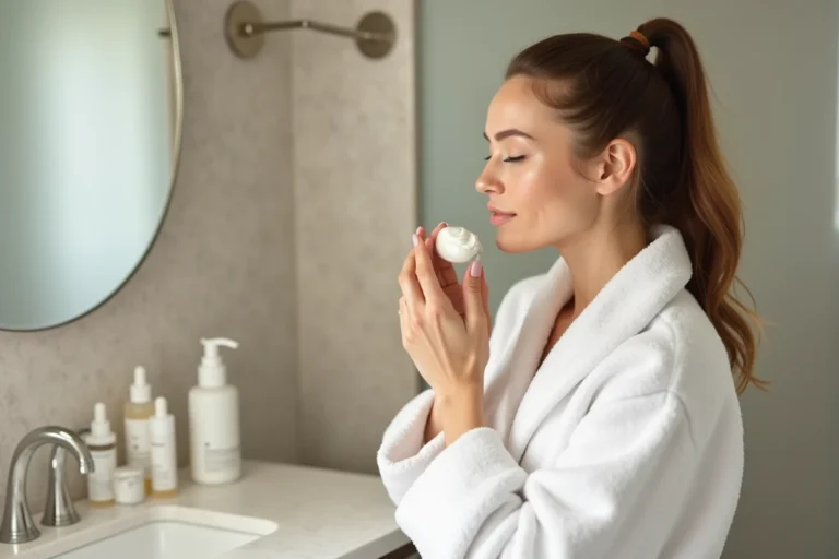 Femme appliquant une crème hydratante dans sa salle de bain, entourée de produits de soin du visage sur un plan de travail en marbre