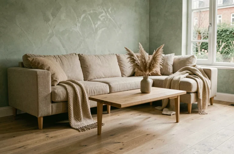 Salon scandinave minimaliste avec canapé en lin, table basse en chêne et décoration végétale séchée pour un intérieur chaleureux