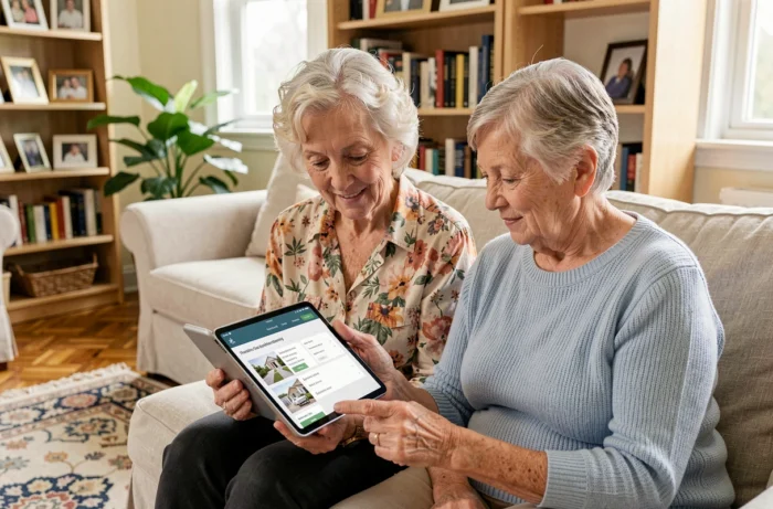 Deux femmes seniors consultent ensemble l'application du service Logisfil pour gérer leurs prestations à domicile