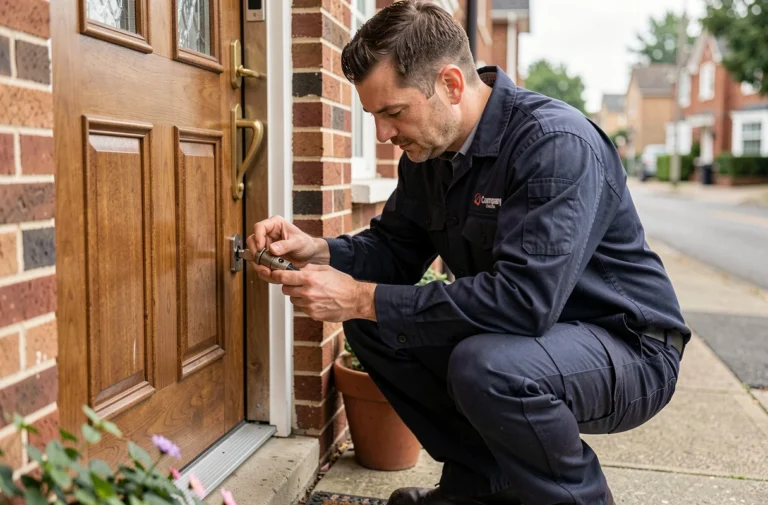 Serrurier professionnel en uniforme inspectant une serrure endommagée sur une porte d'entrée en bois dans un quartier résidentiel