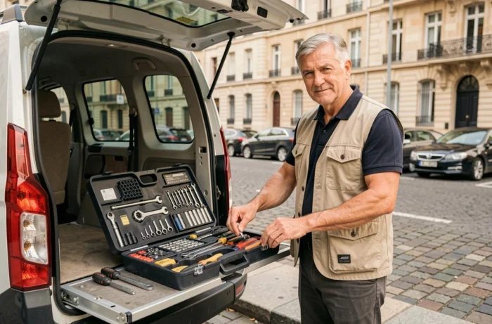 Serrurier expérimenté organisant son matériel professionnel dans un van de service garé dans une rue urbaine parisienne