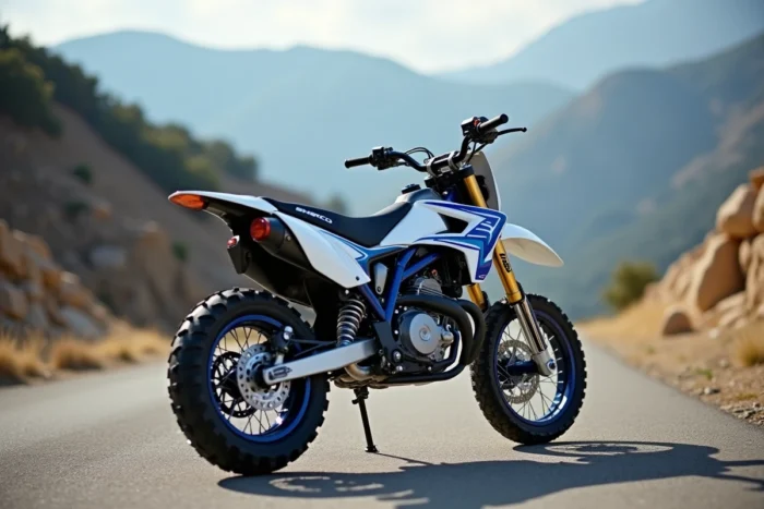 Sherco 50 SM-R supermotard sur route de montagne avec carrosserie blanche et bleue