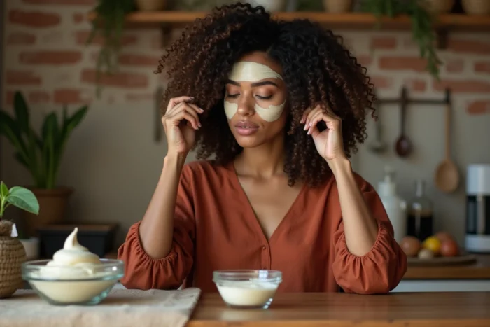 Femme aux cheveux bouclés appliquant un masque capillaire dans une cuisine rustique avec murs en briques apparentes et herbes séchées