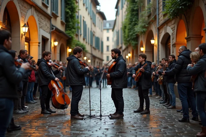 Performance musicale de rue en soirée dans le Vieux-Lyon avec des musiciens folk et un public rassemblé