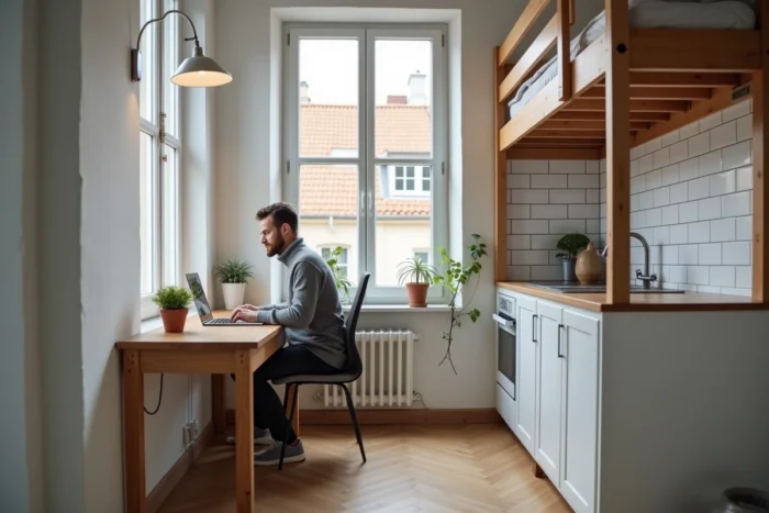 Intérieur d'un studio abordable en région française avec un homme travaillant sur son ordinateur portable