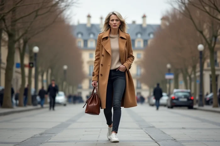 Femme stylée en manteau camel marchant dans une avenue haussmannienne de Paris avec un sac en cuir structuré