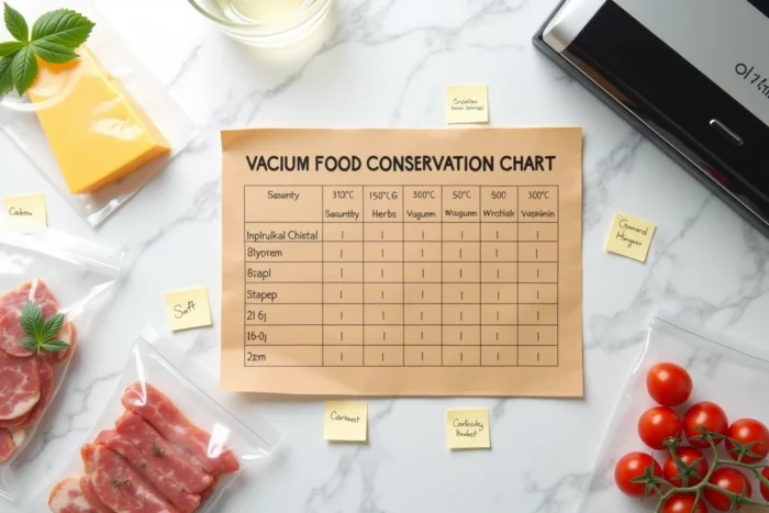 Tableau de conservation sous vide en vue aérienne avec aliments emballés et machine de mise sous vide sur marbre blanc