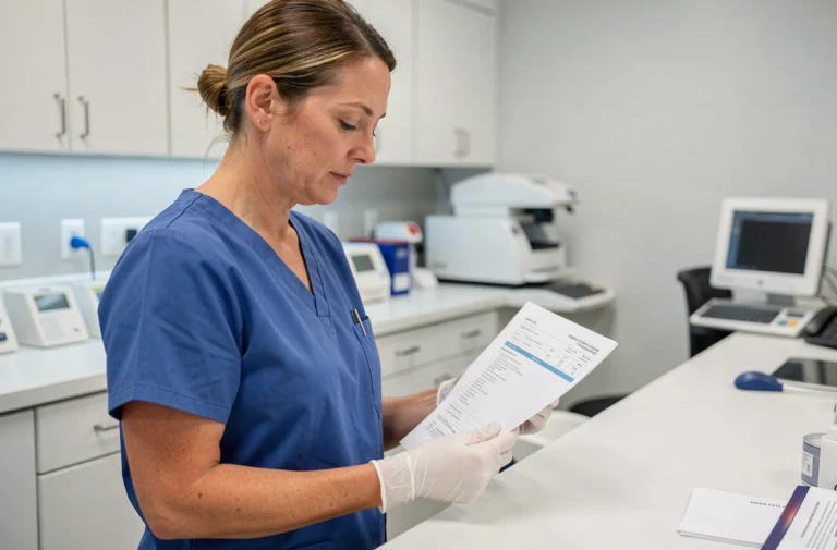 Technicienne de laboratoire examinant une ordonnance de prise de sang à l'accueil d'un laboratoire médical moderne