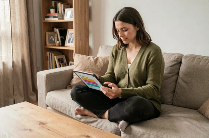 Employée en télétravail gérant ses absences via Agate CNRS sur une tablette depuis son domicile