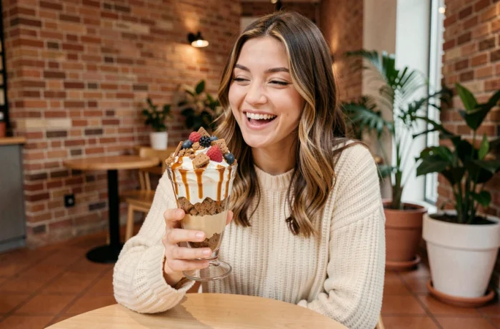 Jeune femme souriante dans un café tendance tenant un dessert gourmand en coupe avec chantilly et caramel, ambiance chaleureuse urbaine
