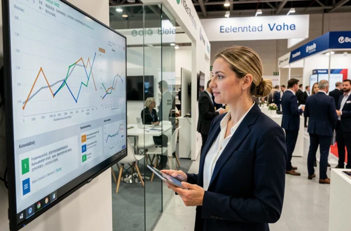 Femme professionnelle consultant des tendances commerciales sur écran numérique lors d'un salon du commerce moderne