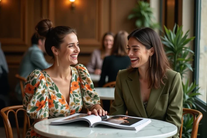 Deux femmes élégantes en tenues tendance feuilletant un magazine de mode dans un café parisien